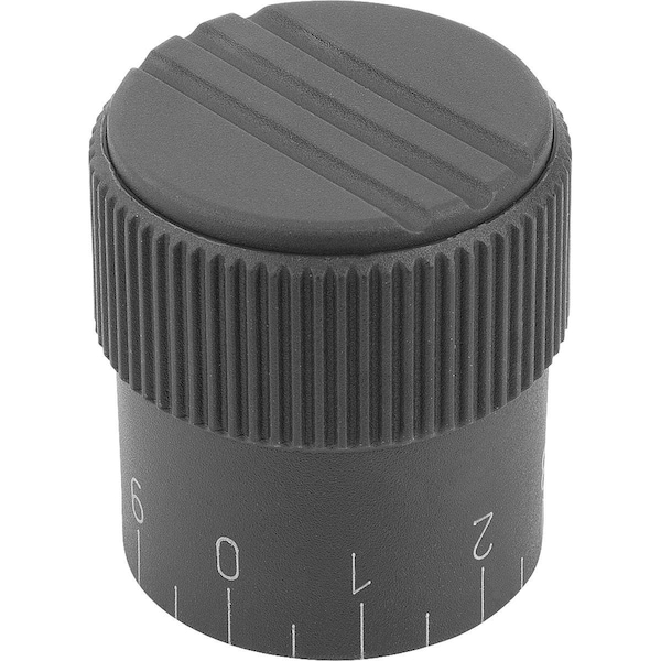 Knurled Knob W.Scale Size:1, D1=21, H=22, D=5, Form:C, Plastic Black, Comp:Steel, Cap:Black